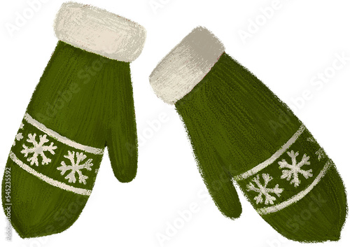 Christmas collection. Christmas knitted green mittens isolated.