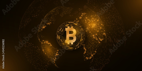 Cryptocurrency concept. Bitcoin with futuristic planet Earth and candlestick price pattern. Digital design for your cover or website. Blockchain market. Vector illustration