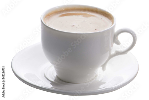 Ceramic white cup with coffee. Coffee with milk foam in a white cup. Isolated white coffee cup with coffee drink with foam. Shooting strictly from the side