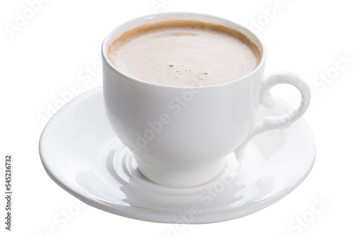 Ceramic white cup with coffee. Coffee with milk foam in a white cup. Isolated white coffee cup with coffee drink with foam. Shooting at 45 degrees © smirart