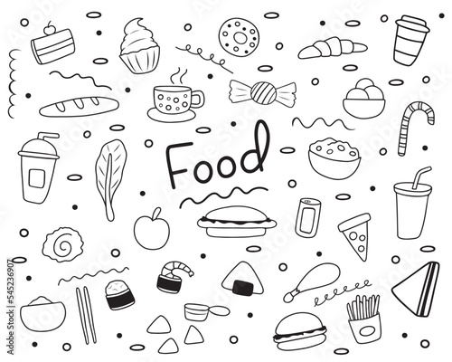 Hand drawn doodle food set. Includes black icons of fast food, sweets, asian food, healthy food and doodle elements.