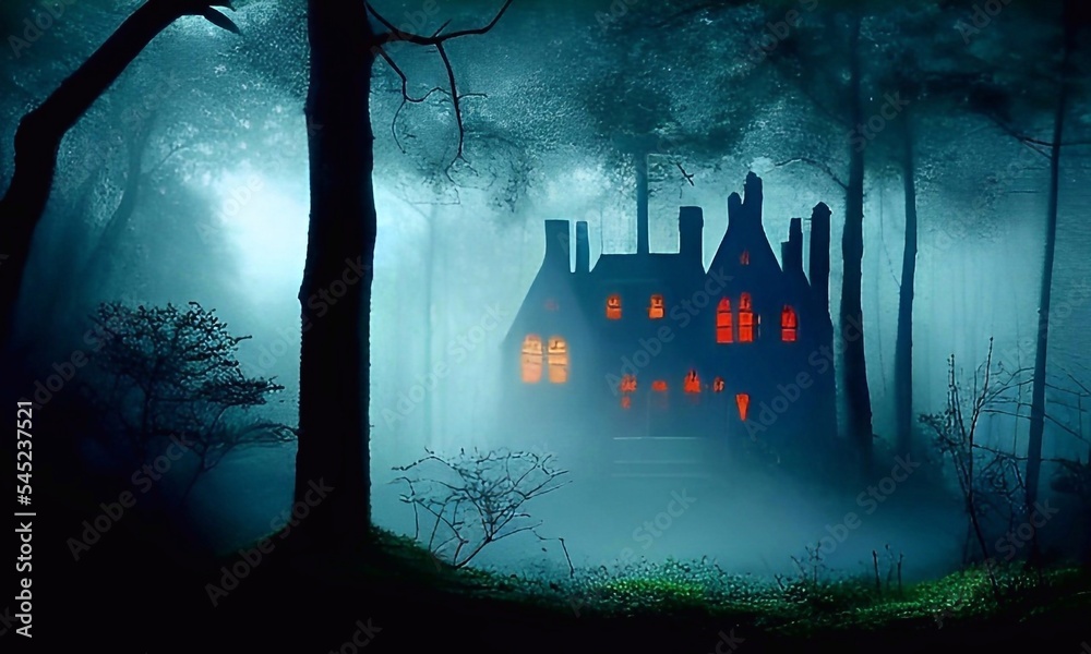 Haunted house in the misty forest at halloween night 