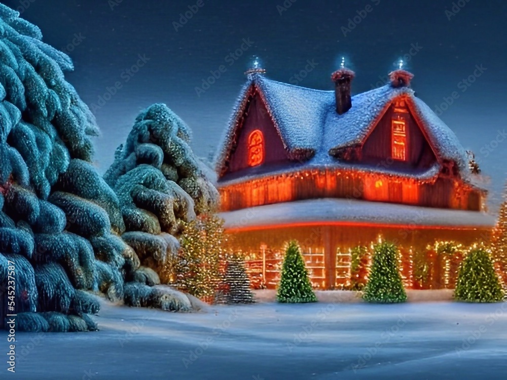 house in the snow at Christmas night