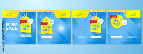 Social media post pack with limited edition summer colors collection, sale off percentage. Vector of blue promotional post with yellow label, fully editable