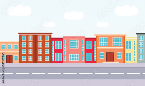 City buildings. Houses. Urban town and road. Vector illustration. Downtown. 