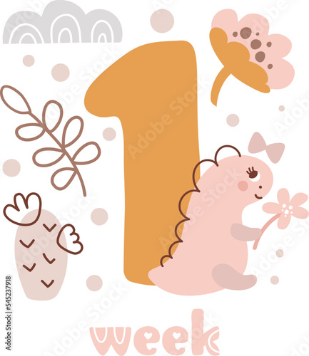 1 week Baby girl anniversary card newborn metrics. Baby shower print with cute animal dino, flowers and cactus capturing all special moments. Baby milestone card for newborn