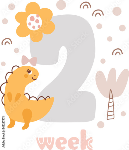 2 two week Baby girl anniversary card newborn metrics. Baby shower print with cute animal dino, flowers and palm capturing all special moments. Baby milestone card for newborn