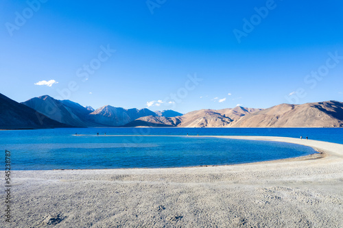 Aerial landscape of Pangong Lake  and mountains with clear blue sky, it's a highest saline water lake in Himalayas range, landmarks and popular for tourist attractions in Leh, Ladakh, India, Asia