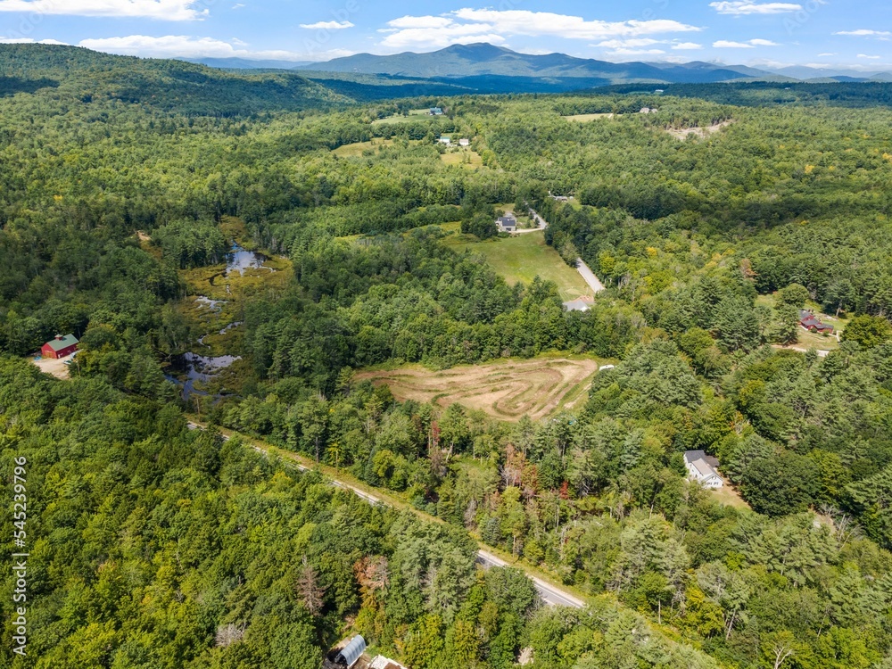 Aerial view of a forest with a modern custom new England colonial home