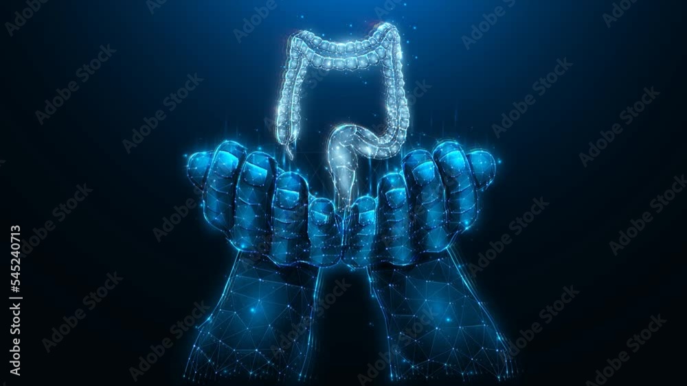 Hand and human colon futuristic polygonal motion graphics. Medical or healthcare motion graphics video Hand and human colon futuristic polygonal motion graphics. Medical or healthcare motion graphics video