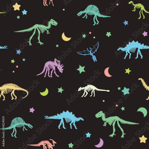 Glowing dinosaur bones and night sky stars vector seamless pattern.