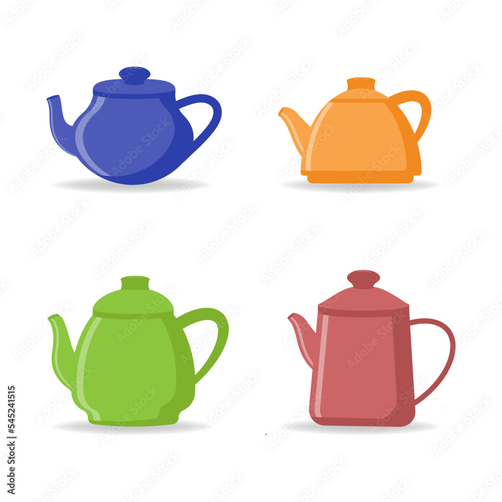 Flat vector set of tea kettles. Kitchen utensils. Home appliance for boiling water. Elements for advertising of household goods store