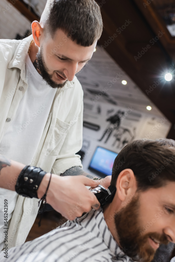 Fototapeta premium Bearded barber trimming hair of blurred customer in barbershop.