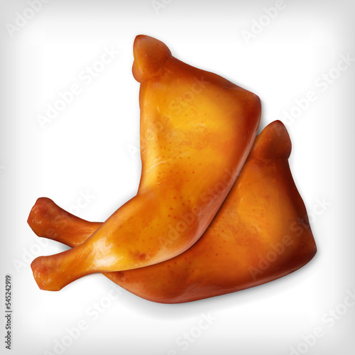 Smoked or fried chicken legs, meat dish realistic 3d vector illustration.