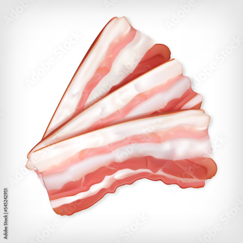 Realistic bacon slices. 3d vector meat. Pork belly illustration.