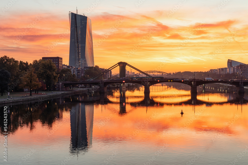 Frankfurt am Main, Germany - October 17th, 2022: Beautiful view to bridge and modern buildings in the city of Frankfurt am Main where historic and contemporary architecture meet.