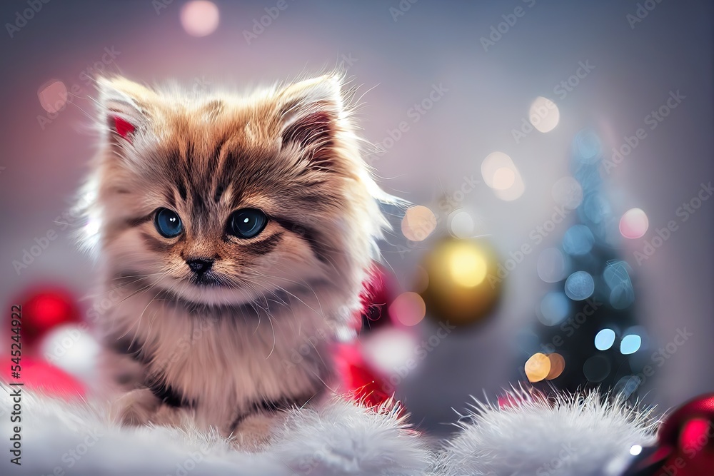 Siberian kitten in the room with Christmas background
