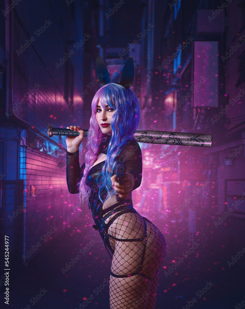 cyberpunk cosplay of a sexy girl in a boudoir outfit with a gun and bunny  ears Stock Photo | Adobe Stock