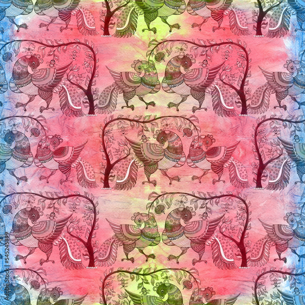 Fototapeta premium Seamless pattern. Birds and trees are oriental motifs. Indian ethnic patterns. Watercolor. Wallpaper. Use printed materials, signs, objects, websites, maps, posters, flyers, packaging.
