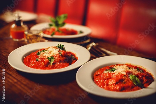 Ai generated tomato dish in white plates © Gassenhauer/Wirestock Creators