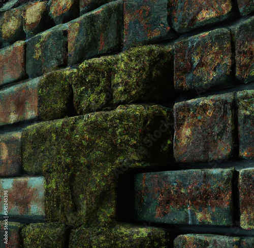Mossy Old brick wall background, 3D Render, Illustration 