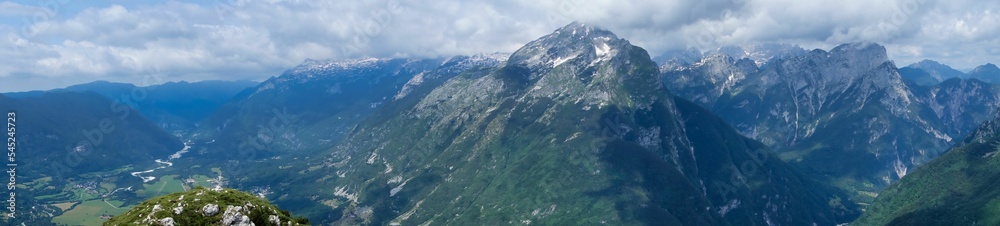 Panoramic shot of the beautiful Mount Svinjak in the Julian Alps mountain range in Slovenia