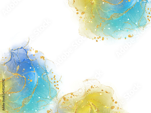 yellow blue gold glitter abstract alcohol ink brush creative hand painted fluid texture colorful background. Art for design
