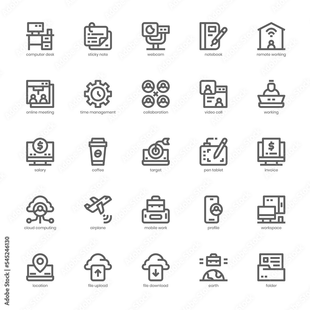 Remote Working icon pack for your website, mobile, presentation, and logo design. Remote Working icon outline design. Vector graphics illustration and editable stroke. Remote Working icon pack for your website, mobile, presentation, and logo design. Remote Working icon outline design. Vector graphics illustration and editable stroke.