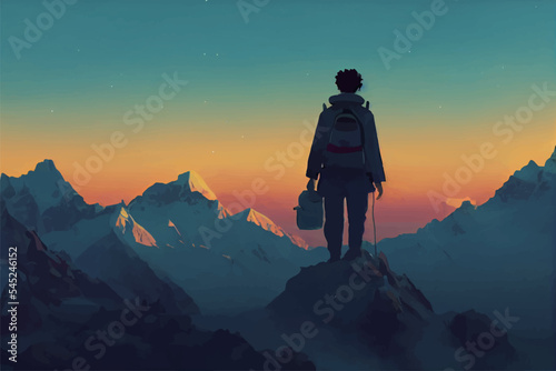 Digital concept illustration of a traveler standing on the top of a mountain and looking into the distance. Can be used for New Year, self-fulfilling issue backgrounds, wallpapers, and banners.