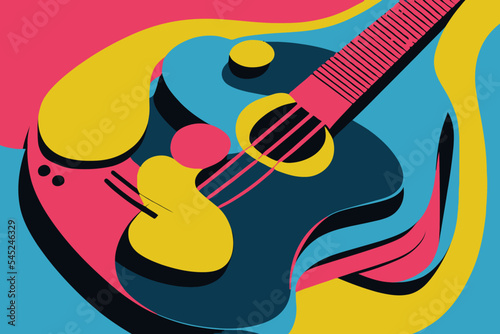 Editable illustration of a psychedelic guitar with colorful shapes