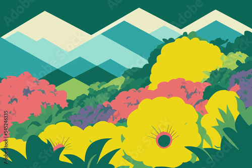 Editable illustration of a colorful landscape of mountains and flowers
