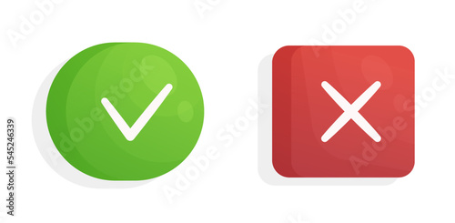 Set of two buttons: green tick and red cross. Vector illustration of agreement and negation. Yes, no. 