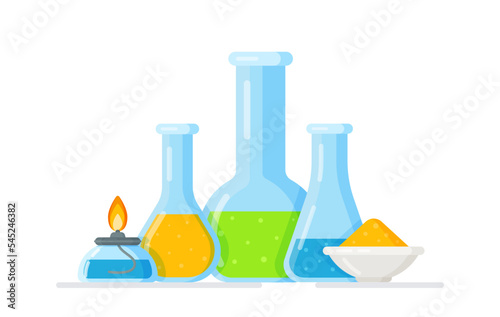 Vector illustration of flasks and test tubes isolated on a white background. Chemical and biological experiments.