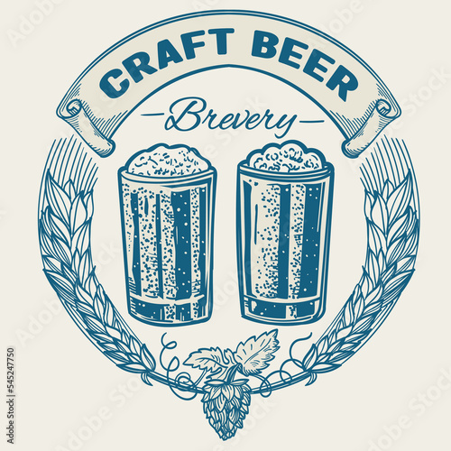 Craft beer brevery - glass of beer vintage style decorative monochrome emblem
