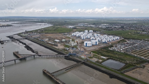 Oil Storage Canvey Island Essex UK drone aerial view