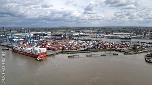 Tilbury Docks container port on River Thames ships loading .drone aerial view
