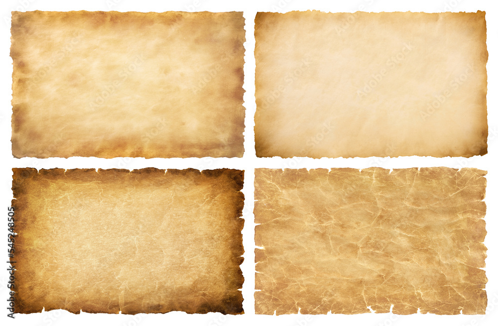 collection set old parchment paper sheet vintage aged or texture isolated on white background