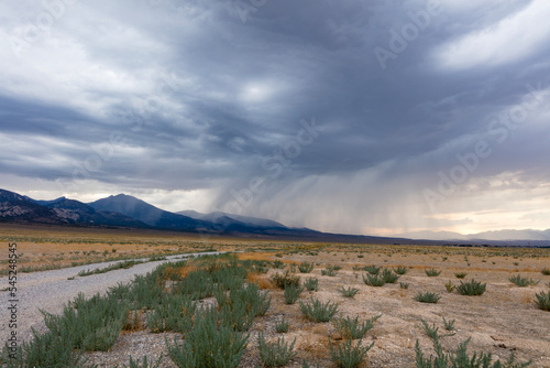 Rain clouds gather over Great Basin National Park and the Snake Mountain Range near Baker, Nevada. The approaching storm darkens the sky and sends down dark tendrils of rain. photo