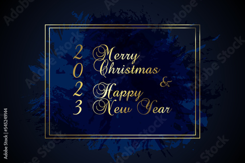 Blue gold Merry Christmas 2023 Happy New Year card with premium foil gradient texture. Festive rich design for holiday card  invitation  calendar poster. Happy 2023 New Year gold text on dark