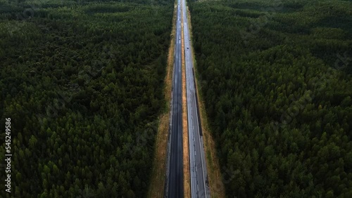 highways through dense forest, drone shooting, view from the top, straight highway photo