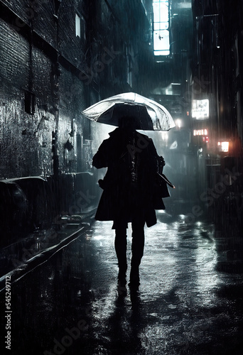 Illustration of a woman walking on a dark cyberpunk Gotham's alley on a foggy rainy night. A city rife with corruption and crime, dark and mystic atmosphere . .,Generative AI 