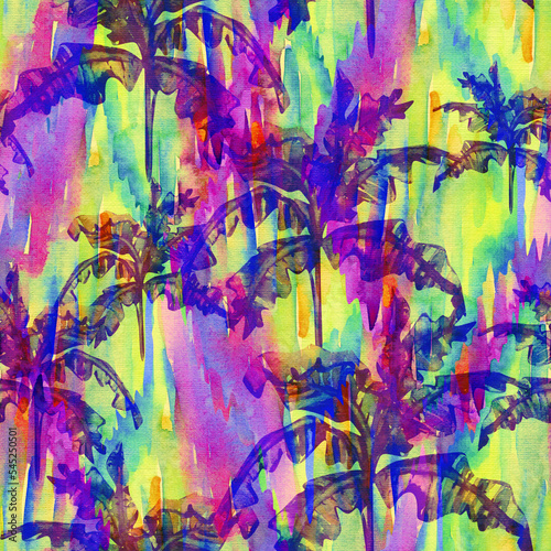 Tropical trees on a colorful watercolor background. Rainforest seamless pattern