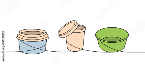 Takeaway cardboard boxes one line colored continuous drawing. Empty cardboard boxes, bags for takeaway food continuous one line colorful illustration.