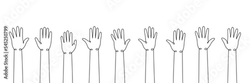 Raised hands one line continuous drawing. Public opinion, user feedback continuous one line illustration. Vector minimalist linear illustration.