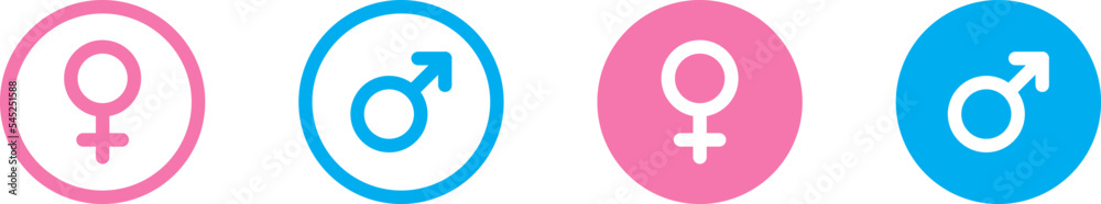 Gender icons. Male and female symbols. Pink and blue colors. Flat vector illustration. Gender icons. Male and female symbols. Pink and blue colors. Flat vector illustration.