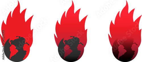 The world is on fire. Fire planet logo. Earth world burning icon. Armageddon concept. Flat vector illustration.