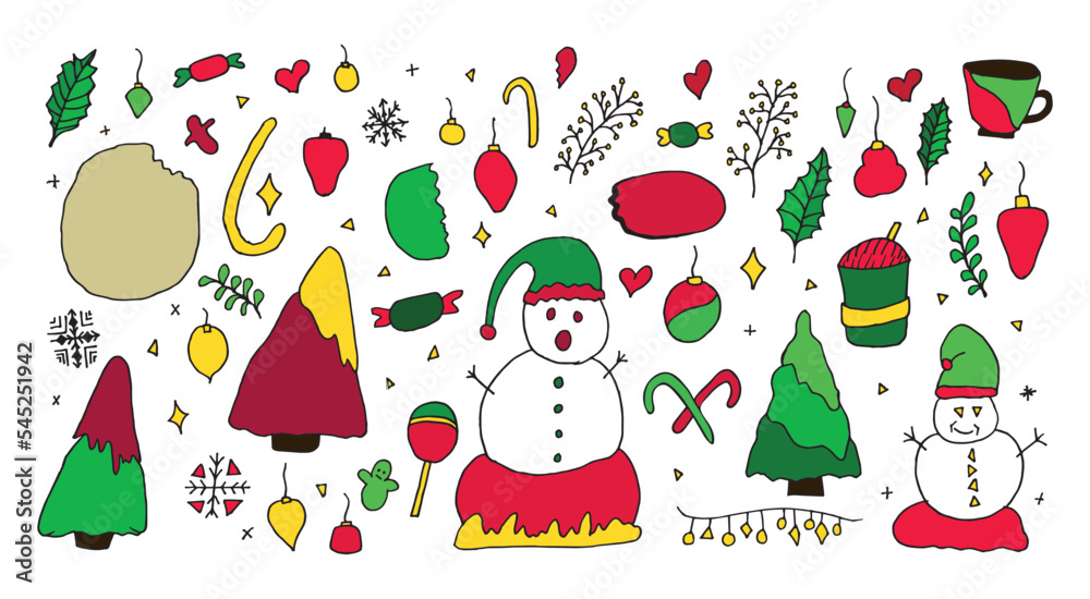 Christmas Hand-Drawn Doodle Graphics Elements Vector Set can be used in Christmas, New Year greeting cards, winter parties, invitations, room decorations, t-shirts, baby clothes, bags, pillows, mugs