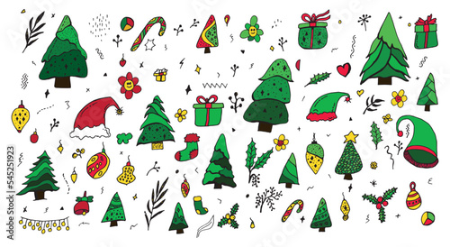 Christmas Hand-Drawn Doodle Graphics Elements Vector Set can be used in Christmas, New Year greeting cards, winter parties, invitations, room decorations, t-shirts, baby clothes, bags, pillows, mugs