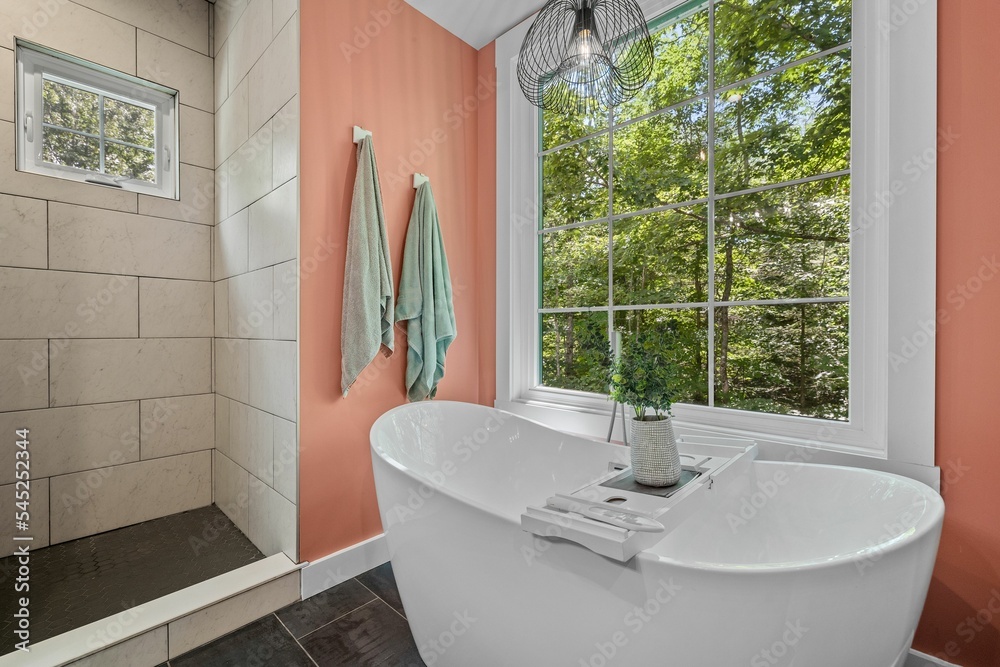 Obraz na płótnie Beautiful interior design of a pink bathroom in a modern custom new England colonial home w salonie