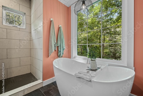 Beautiful interior design of a pink bathroom in a modern custom new England colonial home